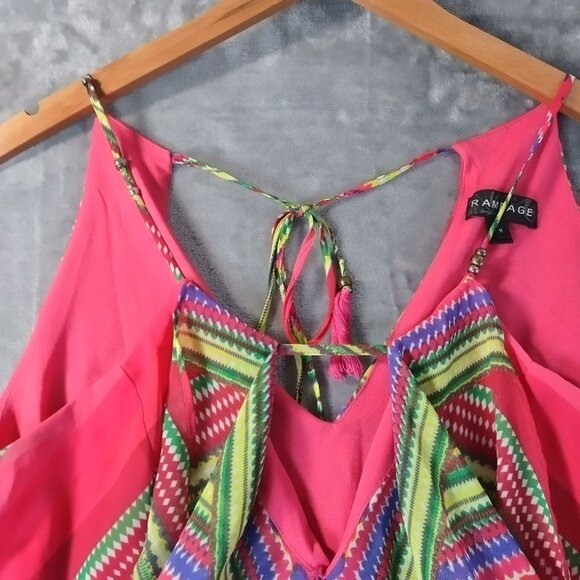 Rampage Womens Top M Pink Tribal Print Tassel Hem Sheer Festival Y2K Boho Layers - Picture 8 of 12